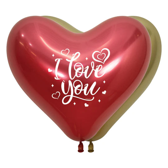 Globo Corazon Reflex Impreso I Love You Brillante 14" Dorado y Rojo x 12 Unidades