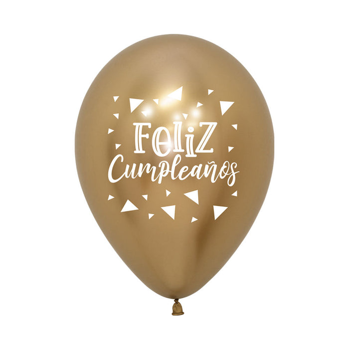 Globo Reflex Feliz Cumpleaños Triangulos R12 Dorado x 12 Globos