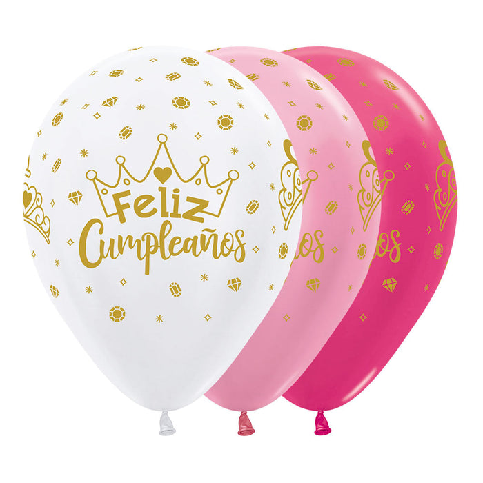 Globo Satin y Metal surtido Feliz Cumpleaños Coronas R12 x 12 Globos