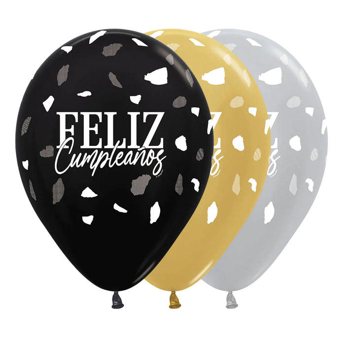 Globo Feliz Cumpleaños Terrazo Negro/Dorado R12 x 50 Globos