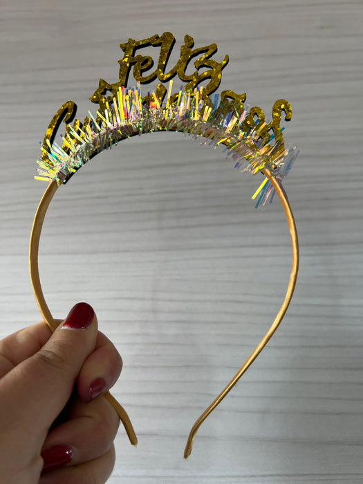 Diadema Feliz Cumpleaños Cursivo Dorado con Flecos x 1