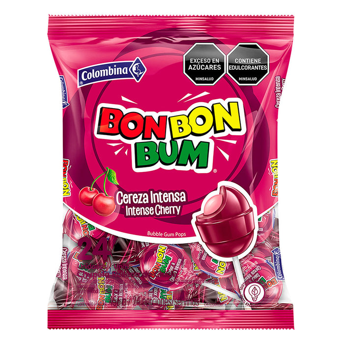 Chupeta BON BON BUM sabor cereza intensa con chicle x 24 unidades