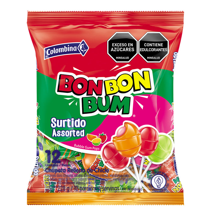 Chupeta BON BON BUM con chicle sabores surtidos x 12 unidades