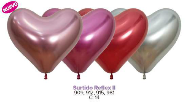 Globo Corazon Reflex 14" Surtido 2 Rosado, fucsia, Rojo y Plata x 12 Unidades