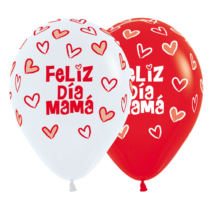 Globo Feliz Dia Mama Corazones Surtido Rojo Blanco R12 X 50