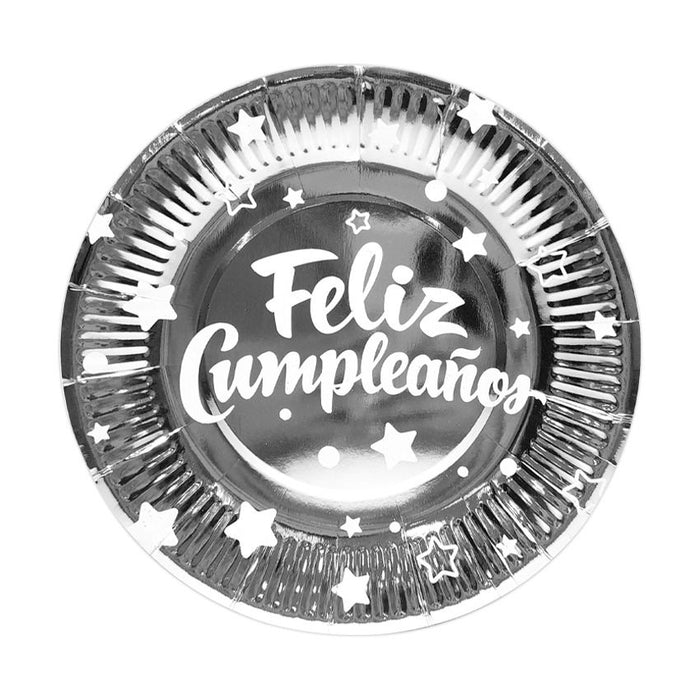 Plato de Fiesta Feliz Cumpleaños x 10 und Plateado Festella